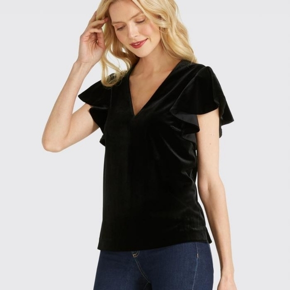 Draper James Velvet flutter sleeve blouse black 0 NWT - Picture 1 of 7